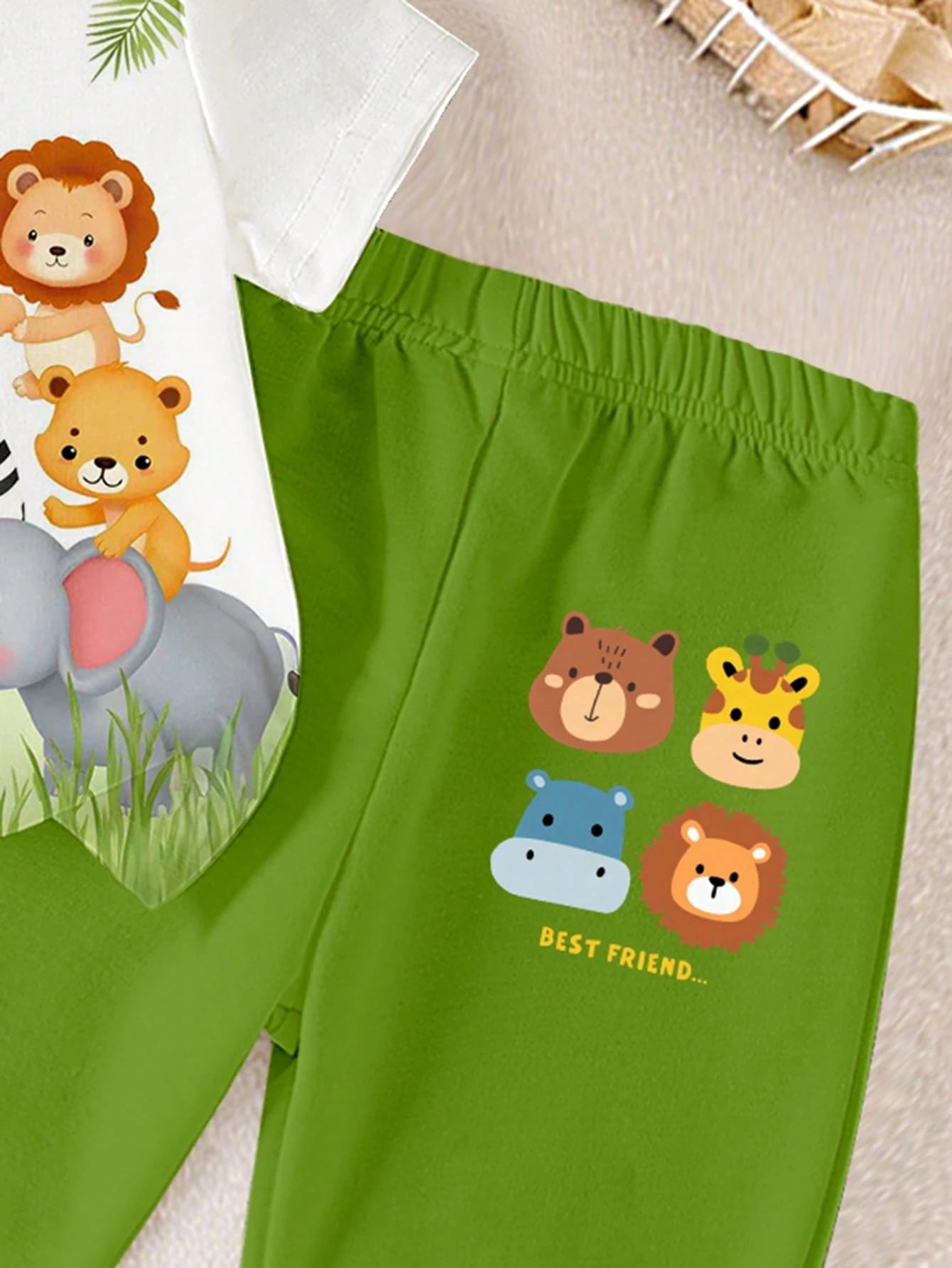 Playful Pals Baby Boys Cute Animal Zoo Monkey Hippo Elephant Zebra Lion Round Neck T-Shirt & Shorts Set,Shades Of Green,Summer,Casual,Beach Vacation Outdoor Wear
