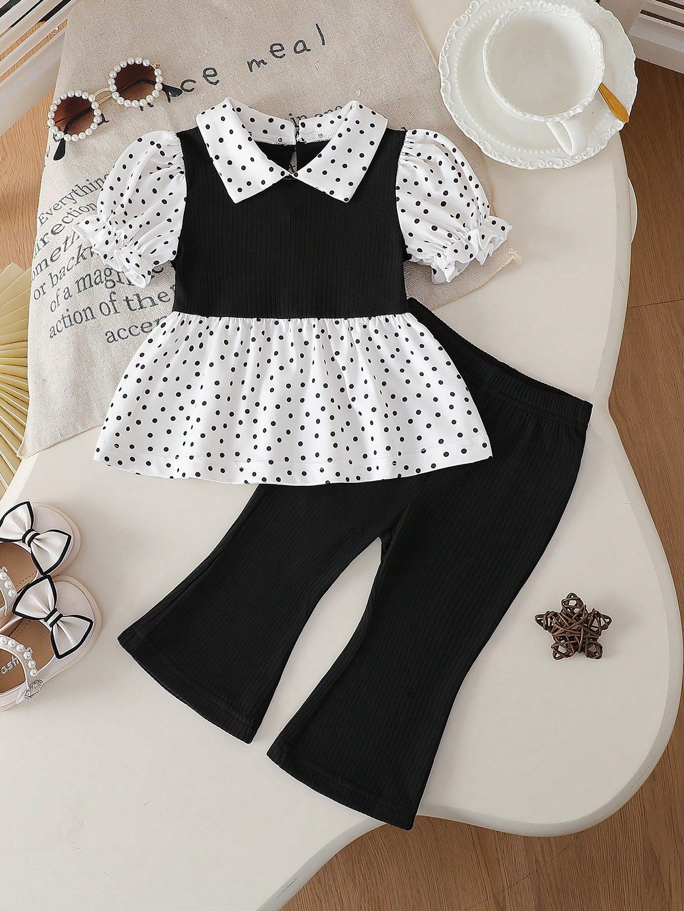 Playful Pals Baby Girl Summer Black And White Polka Dot 2 Pieces Set,Cute Family Matching Ruffle Collar Puff Sleeve Top & Flared Pants For Holiday & Party Wear