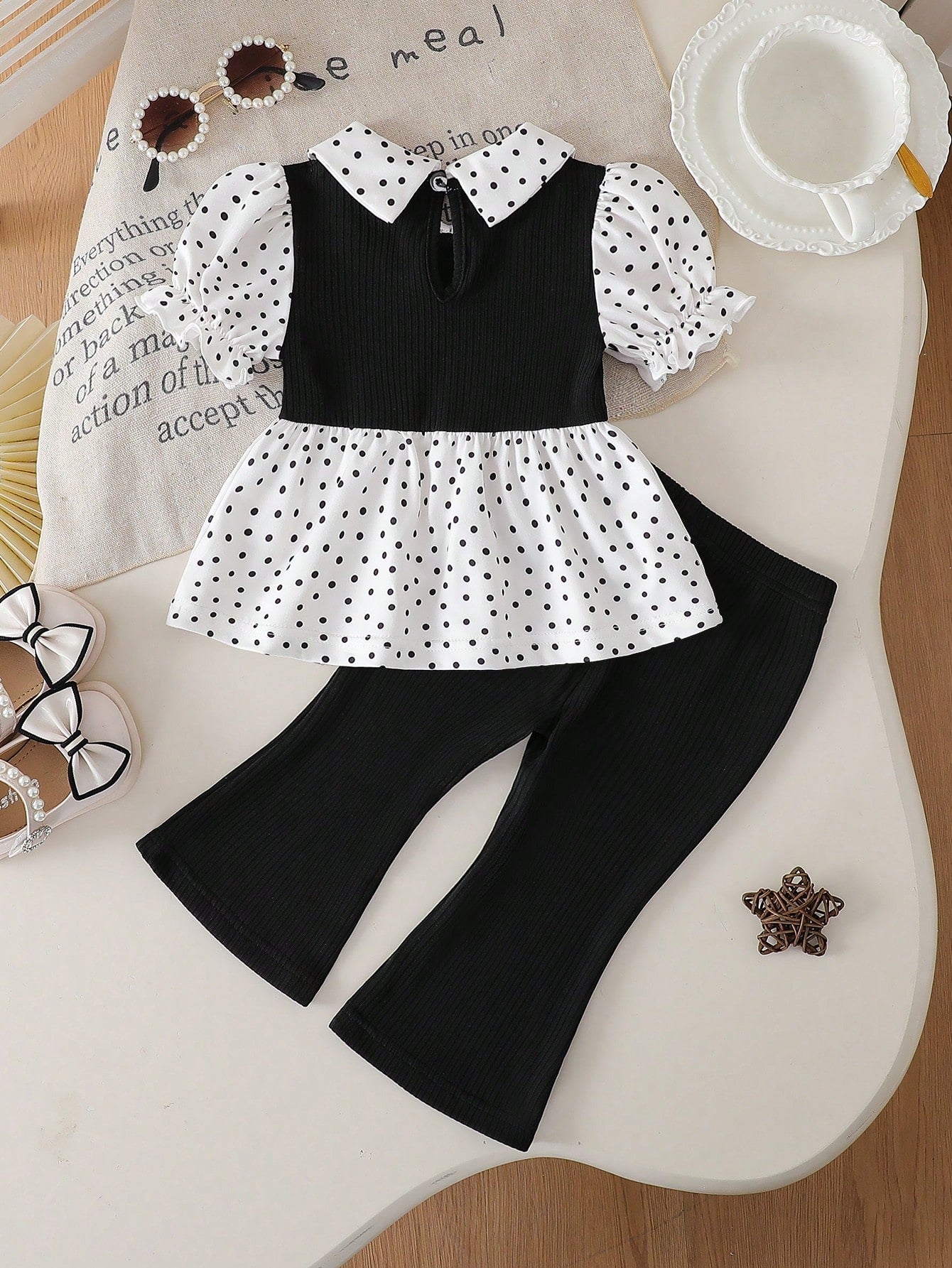 Playful Pals Baby Girl Summer Black And White Polka Dot 2 Pieces Set,Cute Family Matching Ruffle Collar Puff Sleeve Top & Flared Pants For Holiday & Party Wear