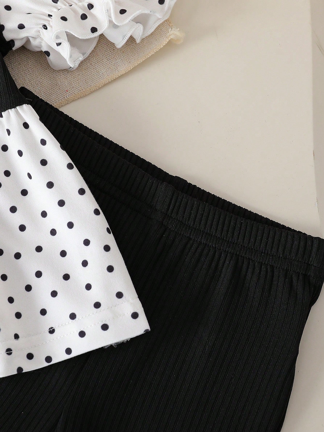 Playful Pals Baby Girl Summer Black And White Polka Dot 2 Pieces Set,Cute Family Matching Ruffle Collar Puff Sleeve Top & Flared Pants For Holiday & Party Wear