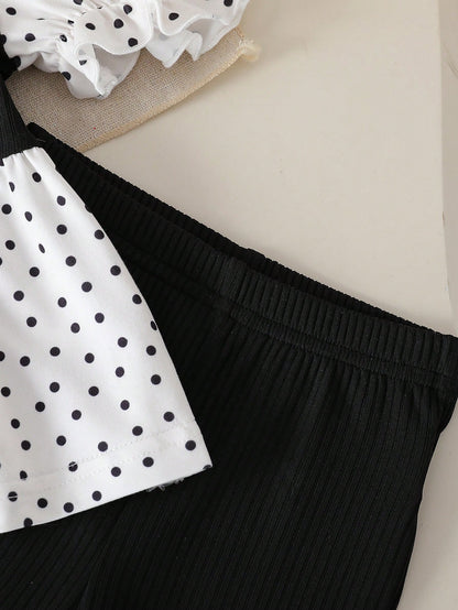 Playful Pals Baby Girl Summer Black And White Polka Dot 2 Pieces Set,Cute Family Matching Ruffle Collar Puff Sleeve Top & Flared Pants For Holiday & Party Wear