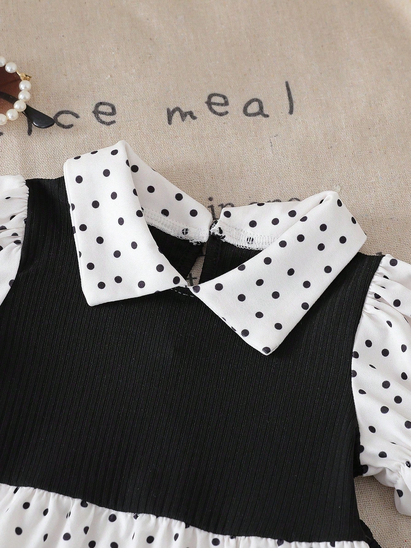 Playful Pals Baby Girl Summer Black And White Polka Dot 2 Pieces Set,Cute Family Matching Ruffle Collar Puff Sleeve Top & Flared Pants For Holiday & Party Wear