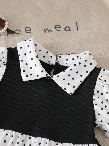 Playful Pals Baby Girl Summer Black And White Polka Dot 2 Pieces Set,Cute Family Matching Ruffle Collar Puff Sleeve Top & Flared Pants For Holiday & Party Wear