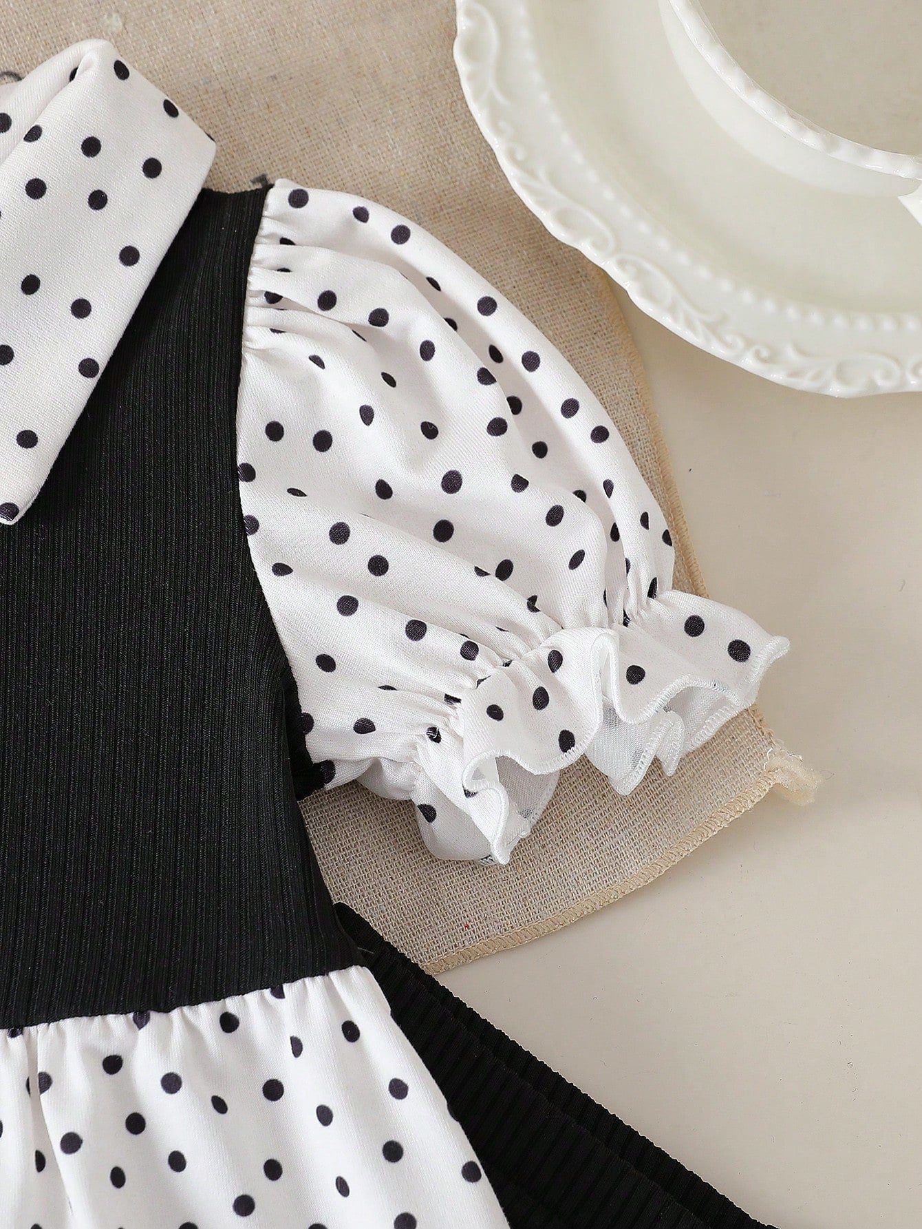 Playful Pals Baby Girl Summer Black And White Polka Dot 2 Pieces Set,Cute Family Matching Ruffle Collar Puff Sleeve Top & Flared Pants For Holiday & Party Wear