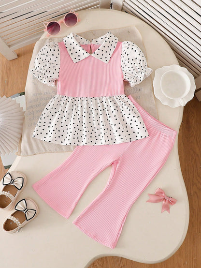 Playful Pals Baby Girl Summer Black And White Polka Dot 2 Pieces Set,Cute Family Matching Ruffle Collar Puff Sleeve Top & Flared Pants For Holiday & Party Wear
