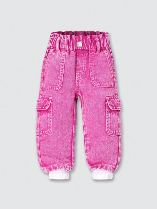 Playful Pals Baby Girl Sweet Floral Pockets Casual Versatile Denim Jeans