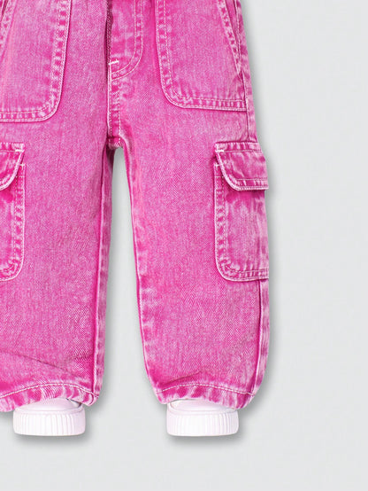 Playful Pals Baby Girl Sweet Floral Pockets Casual Versatile Denim Jeans