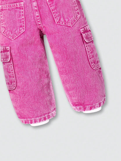 Playful Pals Baby Girl Sweet Floral Pockets Casual Versatile Denim Jeans