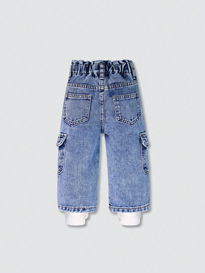 Playful Pals Baby Girl Sweet Floral Pockets Casual Versatile Denim Jeans