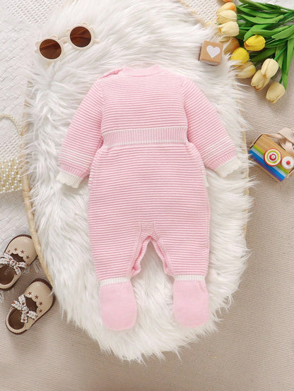 Playful Pals Baby Girls Knitted Jumpsuit,Pink And White Striped,Autumn,Cute,Matching Family Long Sleeve Bow Ruffle Decor Soft Romper For Daily Outdoor Fall Winter