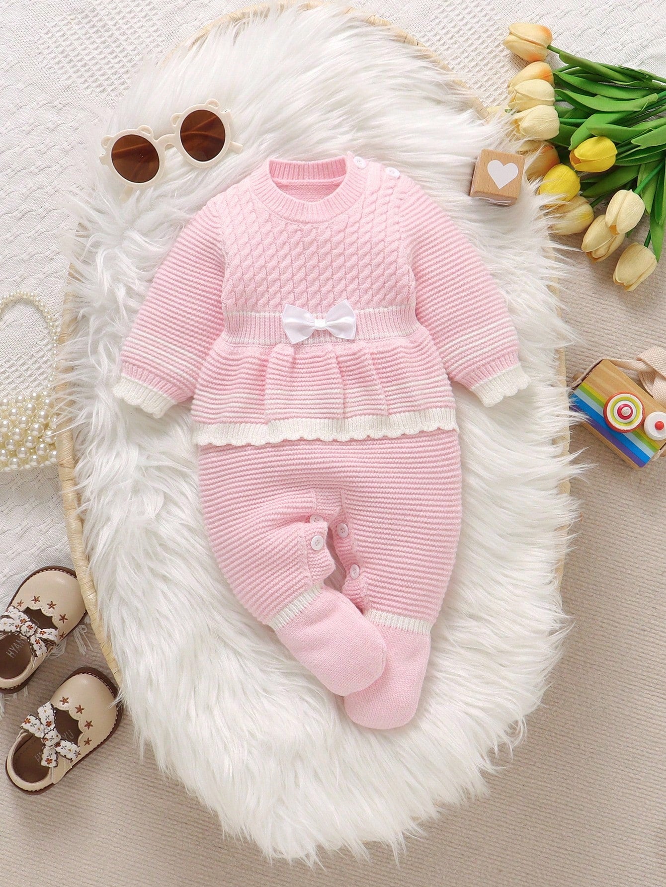 Playful Pals Baby Girls Knitted Jumpsuit,Pink And White Striped,Autumn,Cute,Matching Family Long Sleeve Bow Ruffle Decor Soft Romper For Daily Outdoor Fall Winter