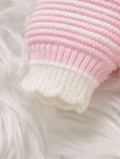 Playful Pals Baby Girls Knitted Jumpsuit,Pink And White Striped,Autumn,Cute,Matching Family Long Sleeve Bow Ruffle Decor Soft Romper For Daily Outdoor Fall Winter