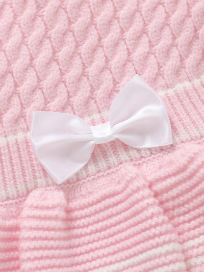 Playful Pals Baby Girls Knitted Jumpsuit,Pink And White Striped,Autumn,Cute,Matching Family Long Sleeve Bow Ruffle Decor Soft Romper For Daily Outdoor Fall Winter