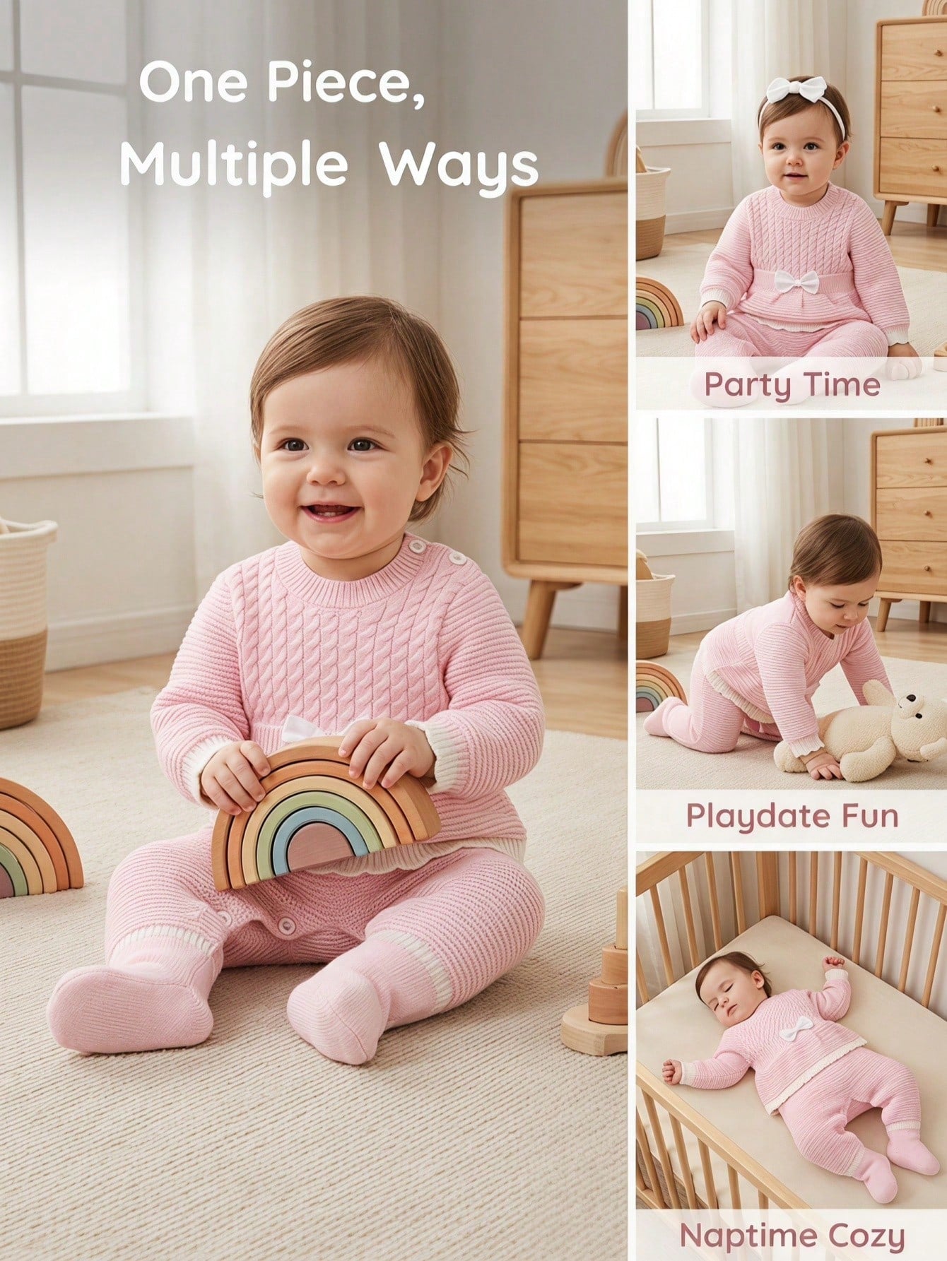Playful Pals Baby Girls Knitted Jumpsuit,Pink And White Striped,Autumn,Cute,Matching Family Long Sleeve Bow Ruffle Decor Soft Romper For Daily Outdoor Fall Winter