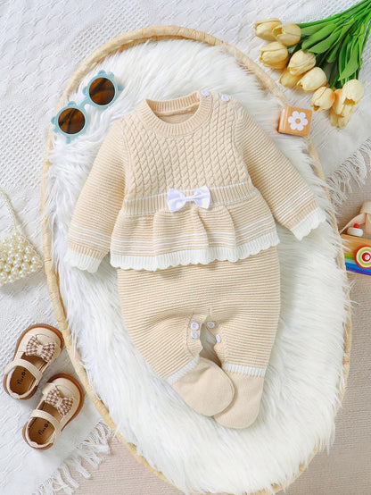 Playful Pals Baby Girls Knitted Jumpsuit,Pink And White Striped,Autumn,Cute,Matching Family Long Sleeve Bow Ruffle Decor Soft Romper For Daily Outdoor Fall Winter