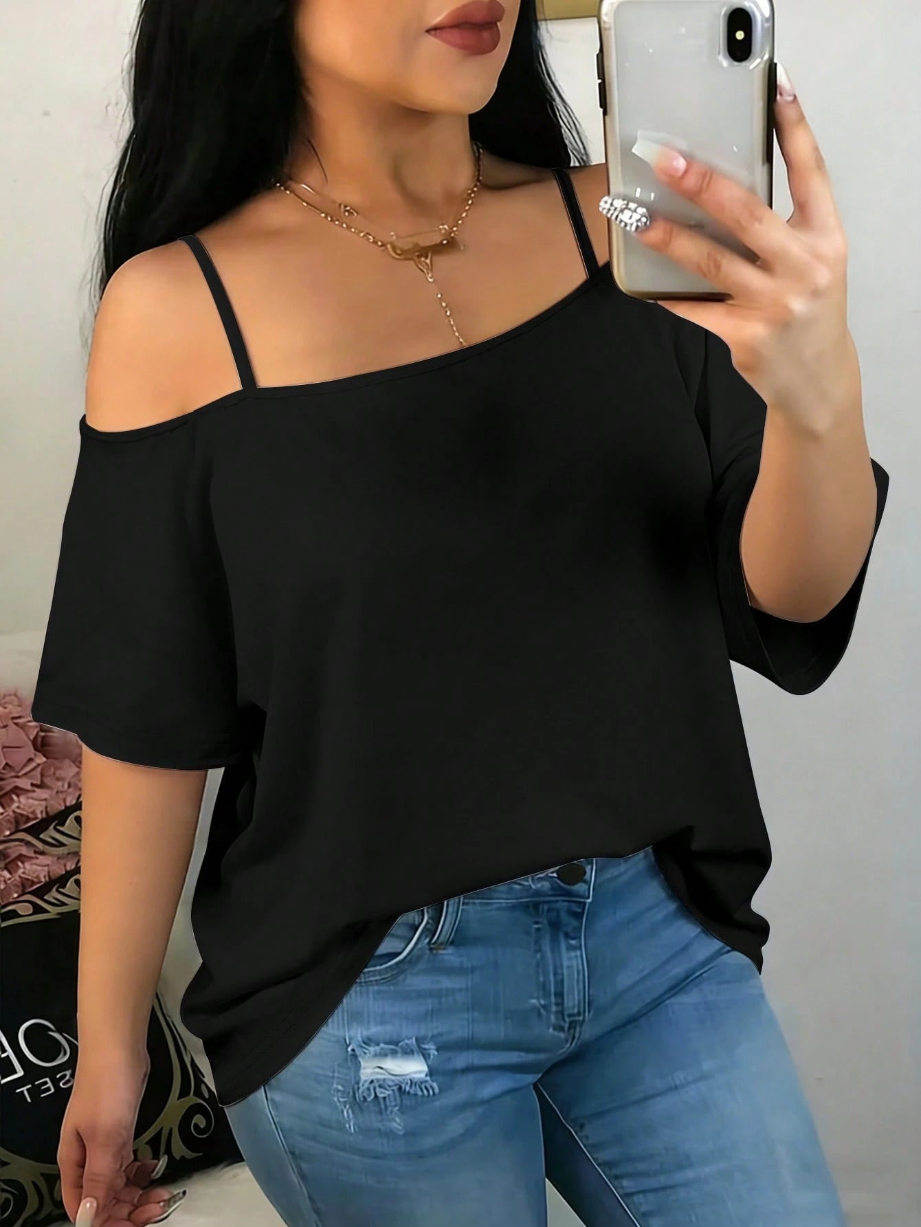 Plus Size Black Open Shoulder Short Sleeve Knit Top Medium Stretch Casual Summer Breathable