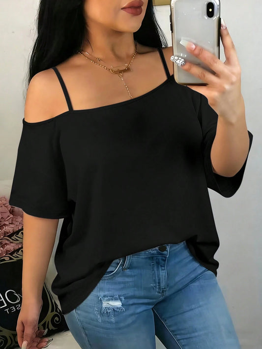 Plus Size Black Open Shoulder Short Sleeve Knit Top Medium Stretch Casual Summer Breathable