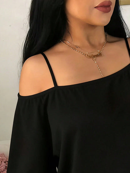 Plus Size Black Open Shoulder Short Sleeve Knit Top Medium Stretch Casual Summer Breathable