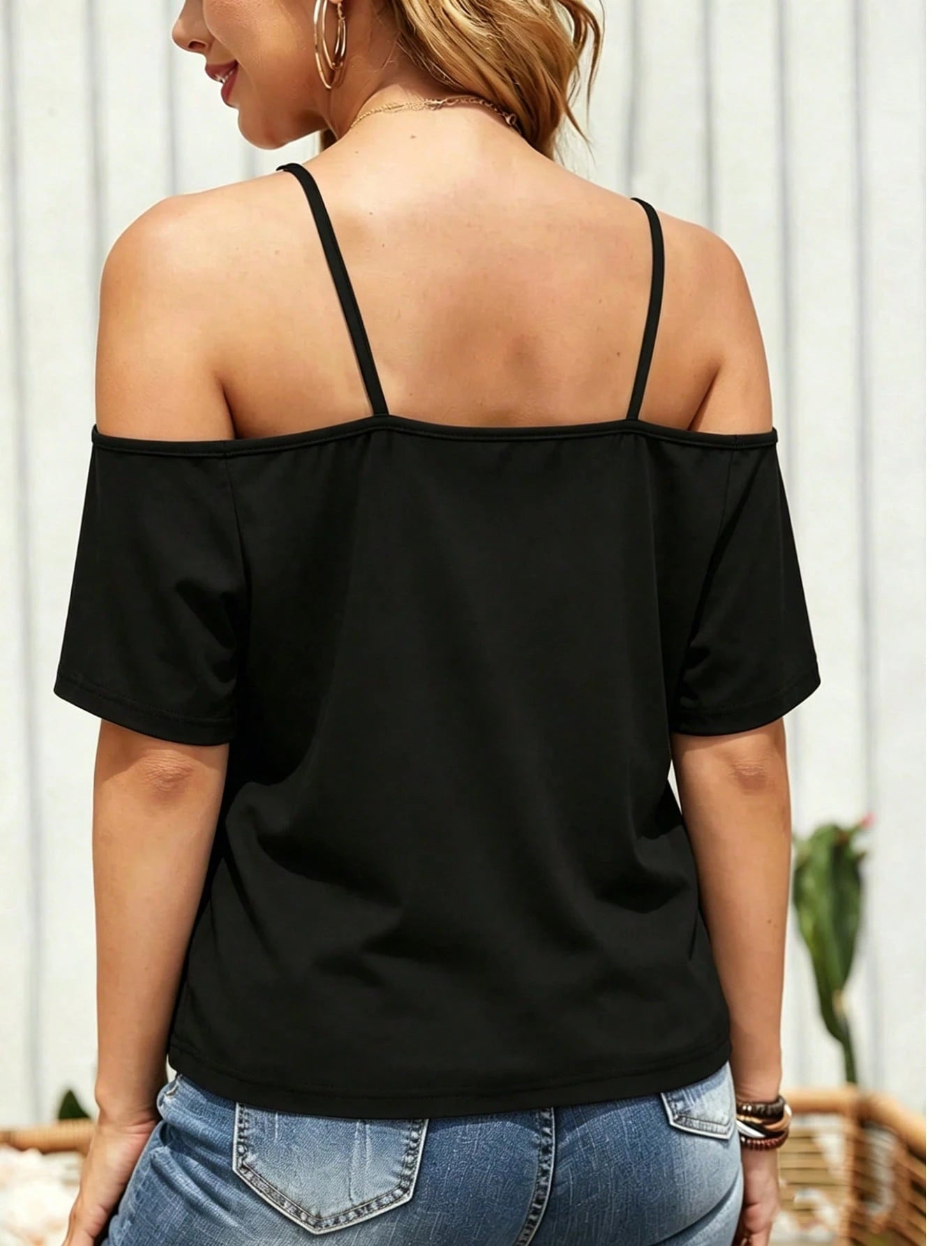 Plus Size Black Open Shoulder Short Sleeve Knit Top Medium Stretch Casual Summer Breathable
