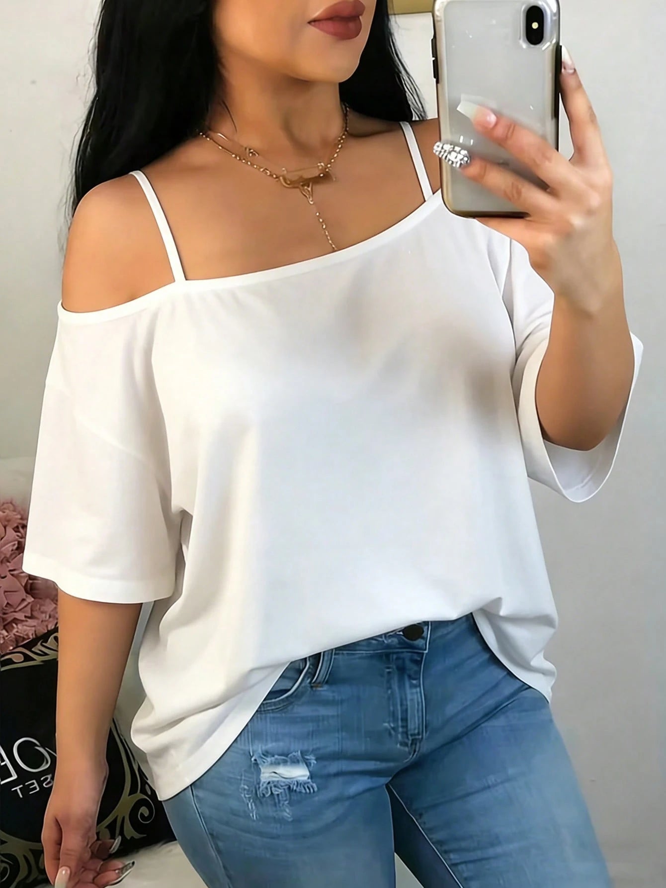 Plus Size Black Open Shoulder Short Sleeve Knit Top Medium Stretch Casual Summer Breathable
