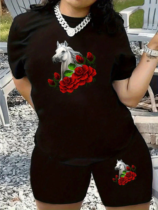 Plus Size- Red Rose And White Horse Pattern Print Suit, Women'S Large Size Round Neck Short-Sleeved T-Shirt And Shorts Casual Two-Piece Suit, Suitable For Spring/Summer, Lightweight And Breathable Fa