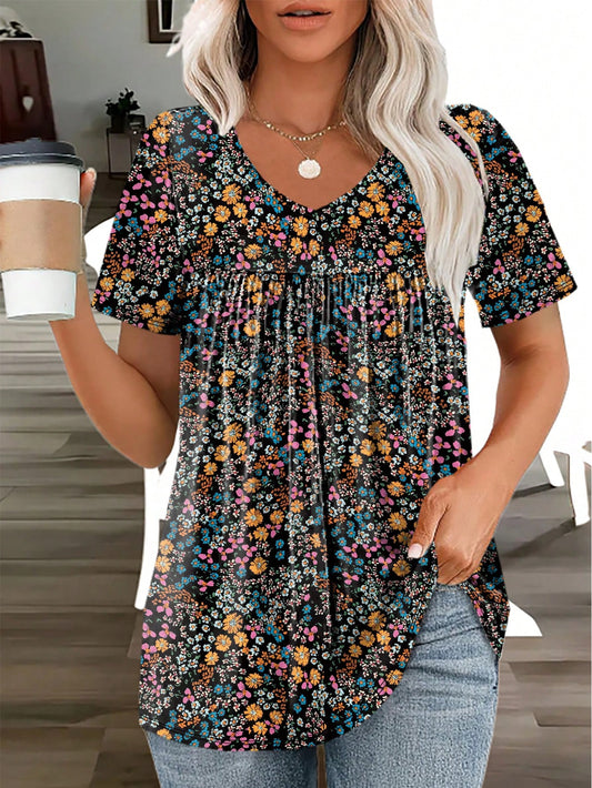Plus Size Women Fashion Ditsy Floral Pleated V-Neck Short Sleeve Casual T-Shirt Summer Vacation
