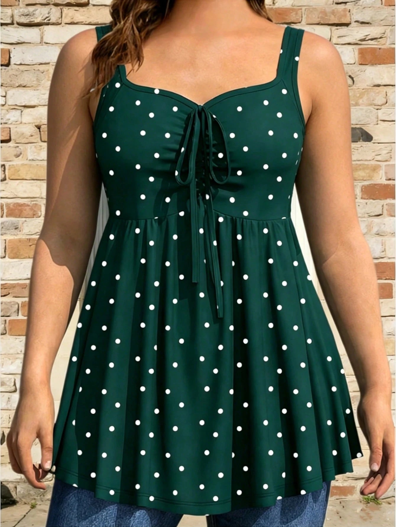 Plus Size Women's Chest Ruched Faux Tie Polka Dot Tank Top, Summer Knit Stretchy Printed Camisole Vacation Casual