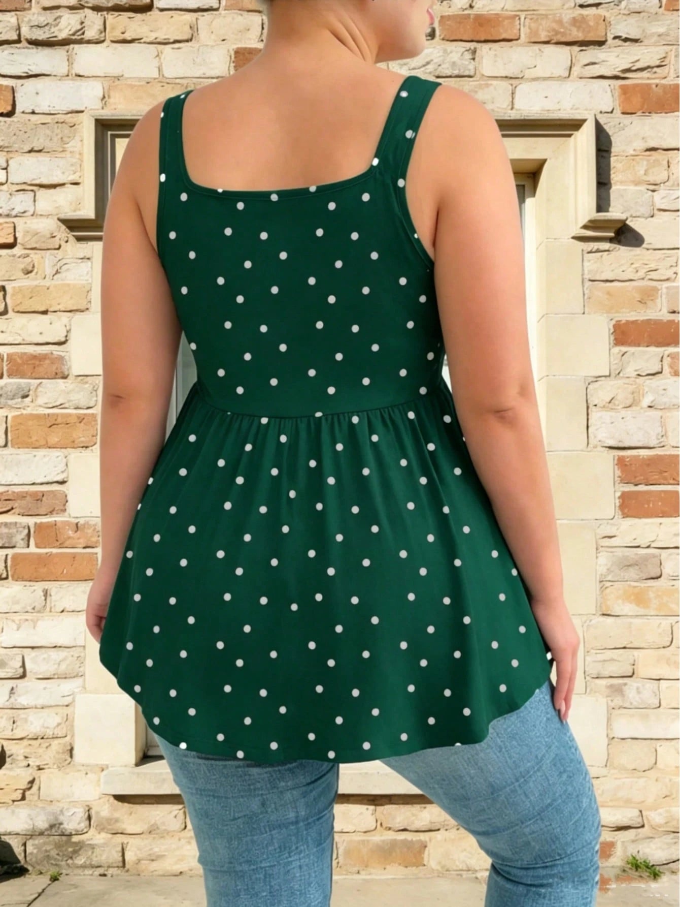Plus Size Women's Chest Ruched Faux Tie Polka Dot Tank Top, Summer Knit Stretchy Printed Camisole Vacation Casual