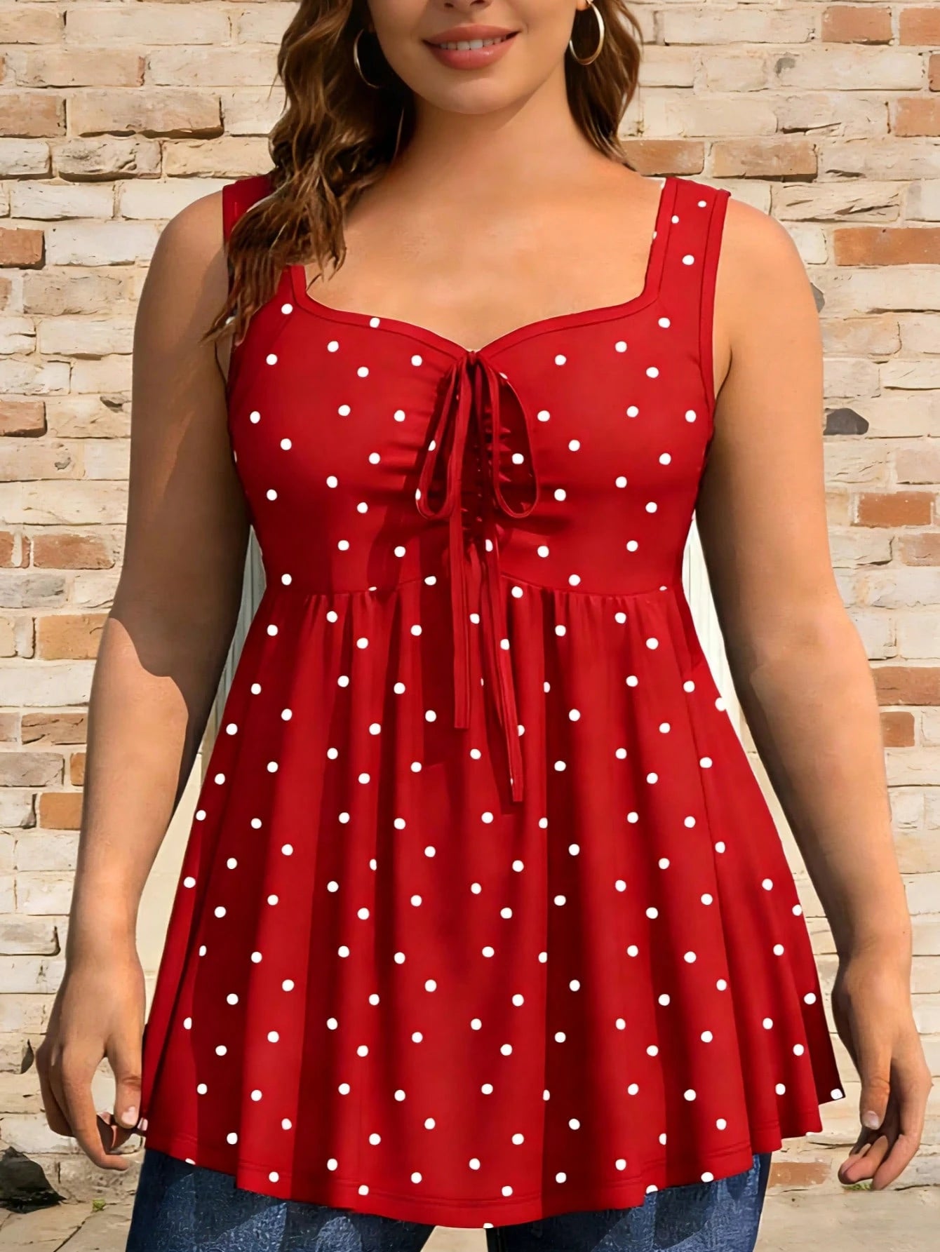 Plus Size Women's Chest Ruched Faux Tie Polka Dot Tank Top, Summer Knit Stretchy Printed Camisole Vacation Casual