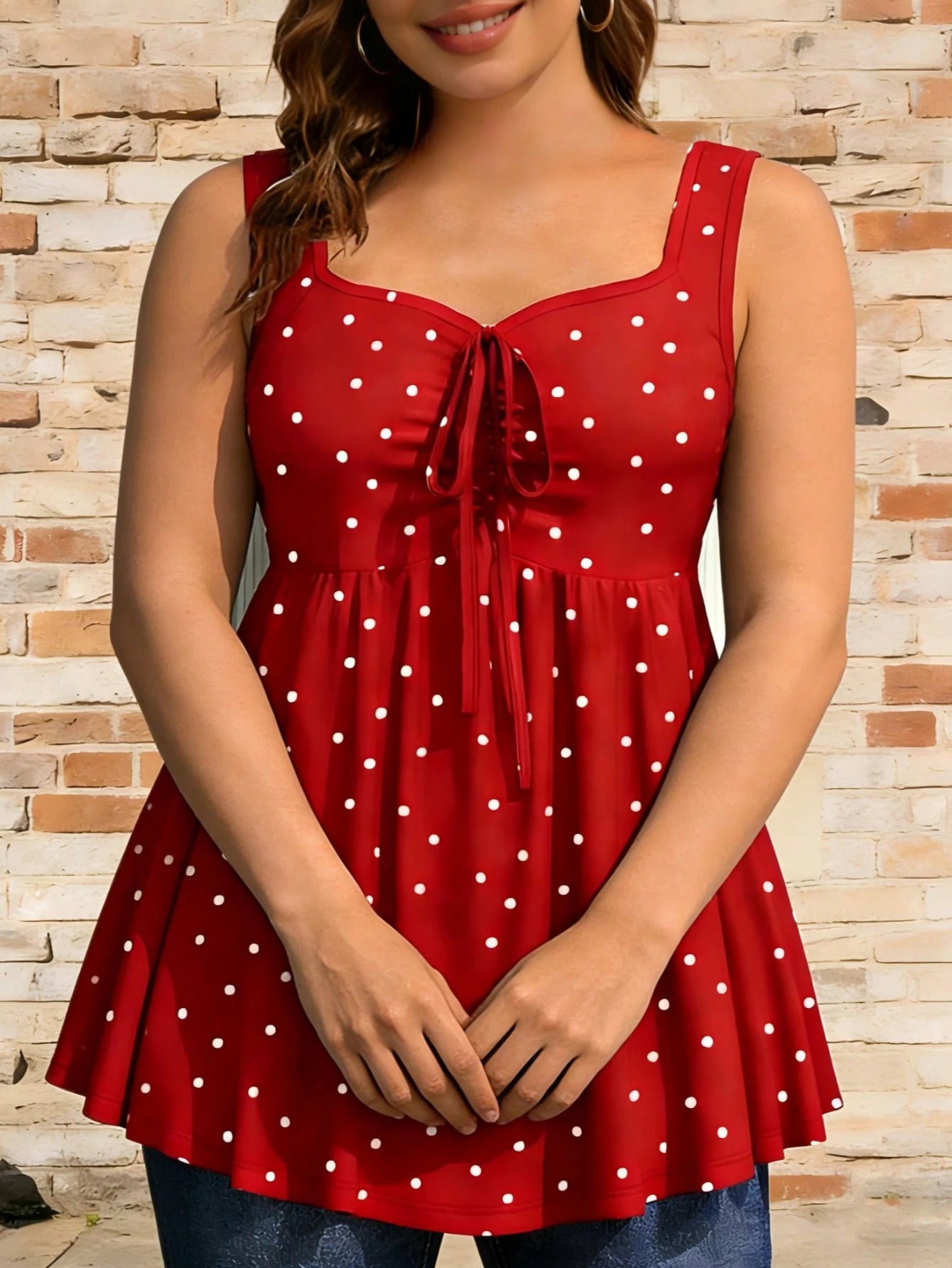 Plus Size Women's Chest Ruched Faux Tie Polka Dot Tank Top, Summer Knit Stretchy Printed Camisole Vacation Casual
