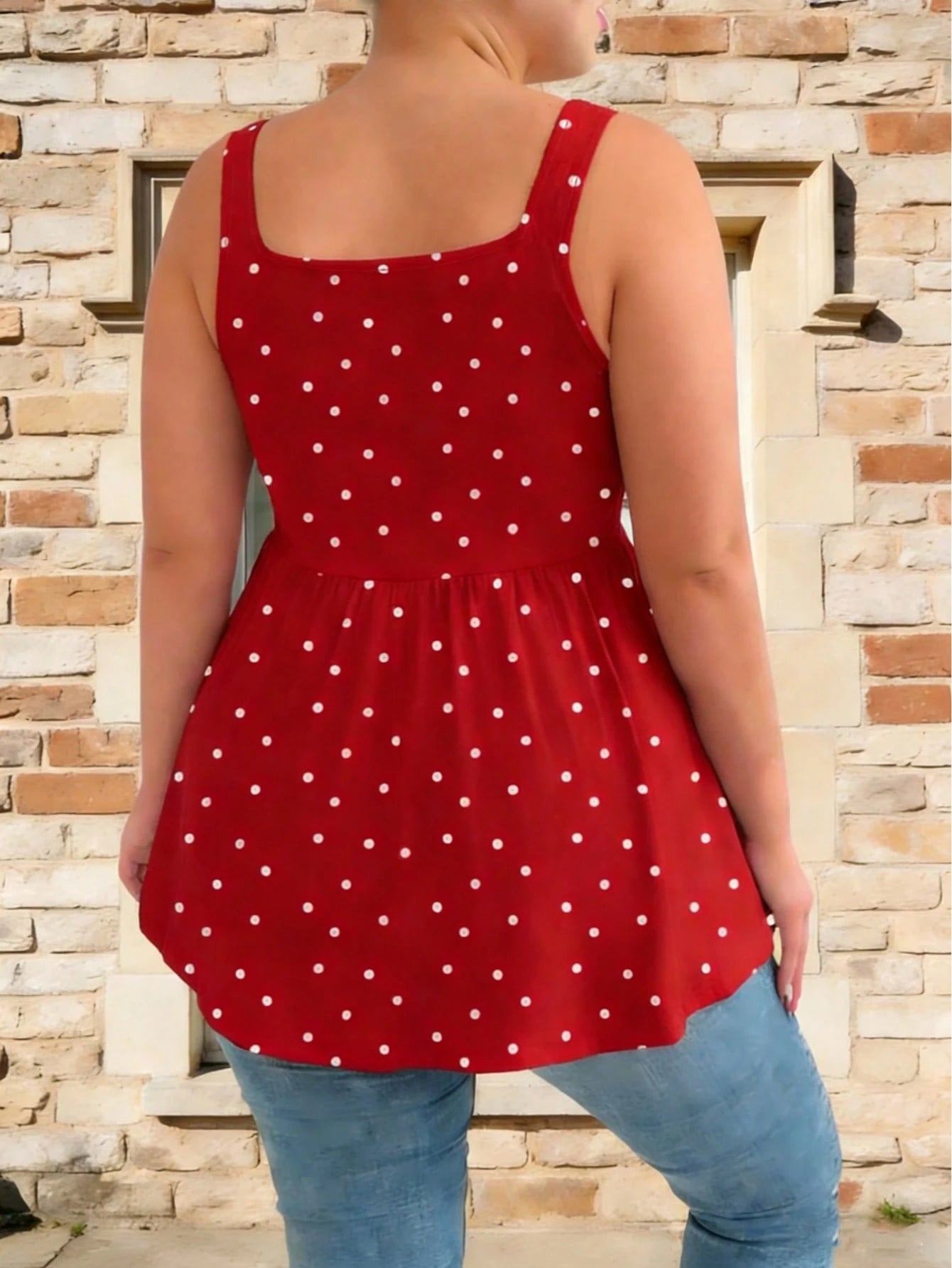 Plus Size Women's Chest Ruched Faux Tie Polka Dot Tank Top, Summer Knit Stretchy Printed Camisole Vacation Casual