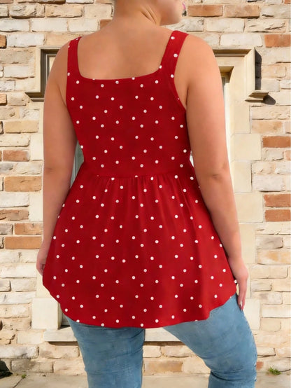 Plus Size Women's Chest Ruched Faux Tie Polka Dot Tank Top, Summer Knit Stretchy Printed Camisole Vacation Casual