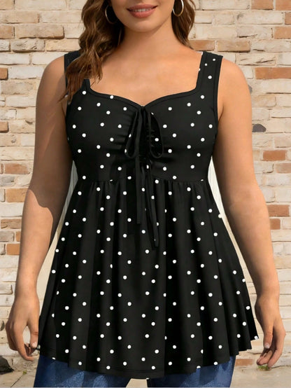 Plus Size Women's Chest Ruched Faux Tie Polka Dot Tank Top, Summer Knit Stretchy Printed Camisole Vacation Casual