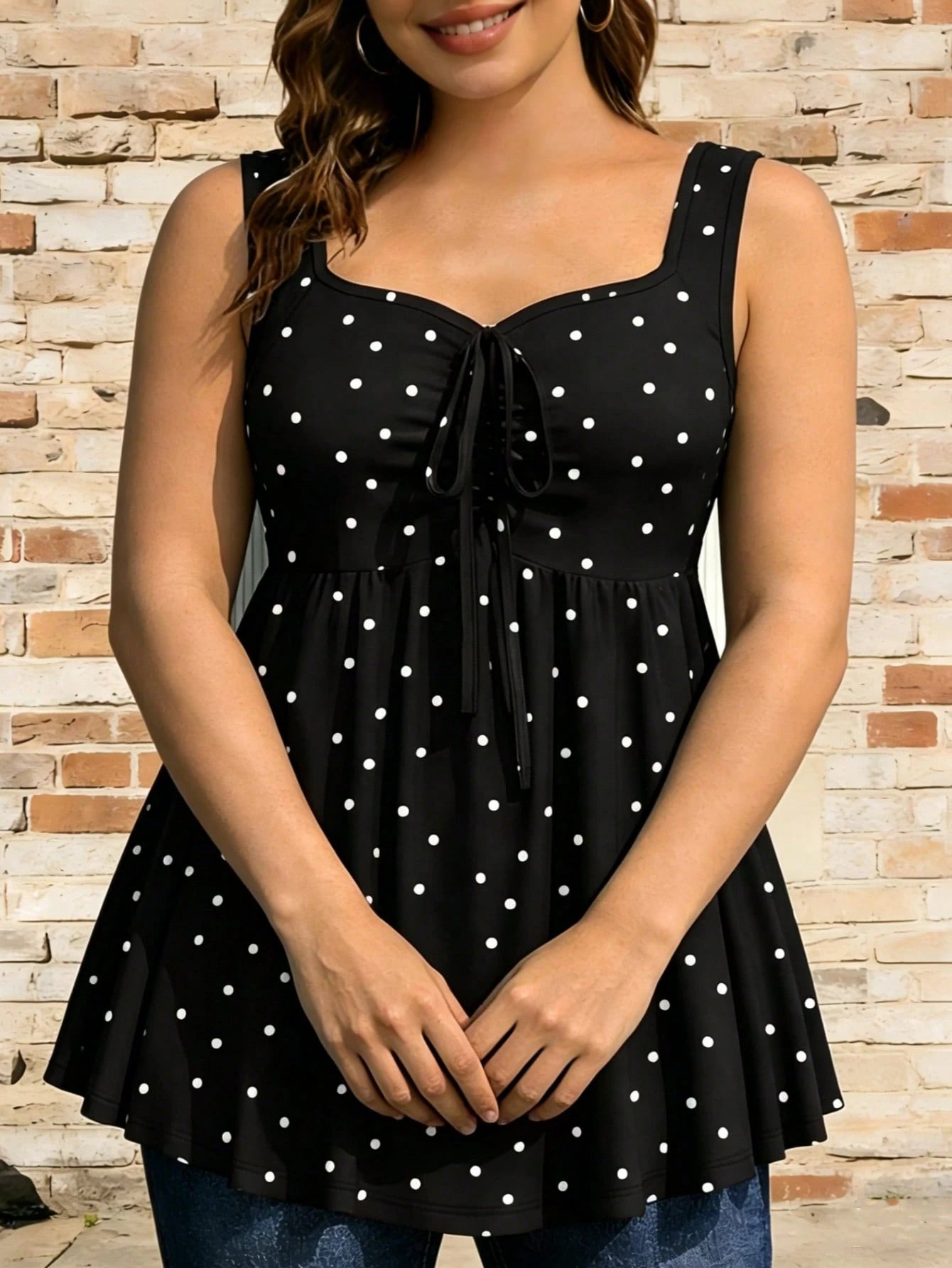 Plus Size Women's Chest Ruched Faux Tie Polka Dot Tank Top, Summer Knit Stretchy Printed Camisole Vacation Casual