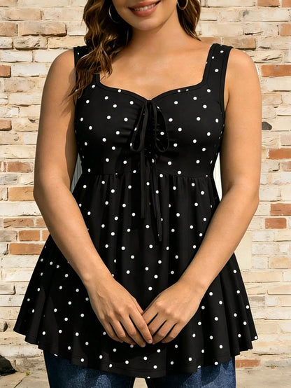Plus Size Women's Chest Ruched Faux Tie Polka Dot Tank Top, Summer Knit Stretchy Printed Camisole Vacation Casual
