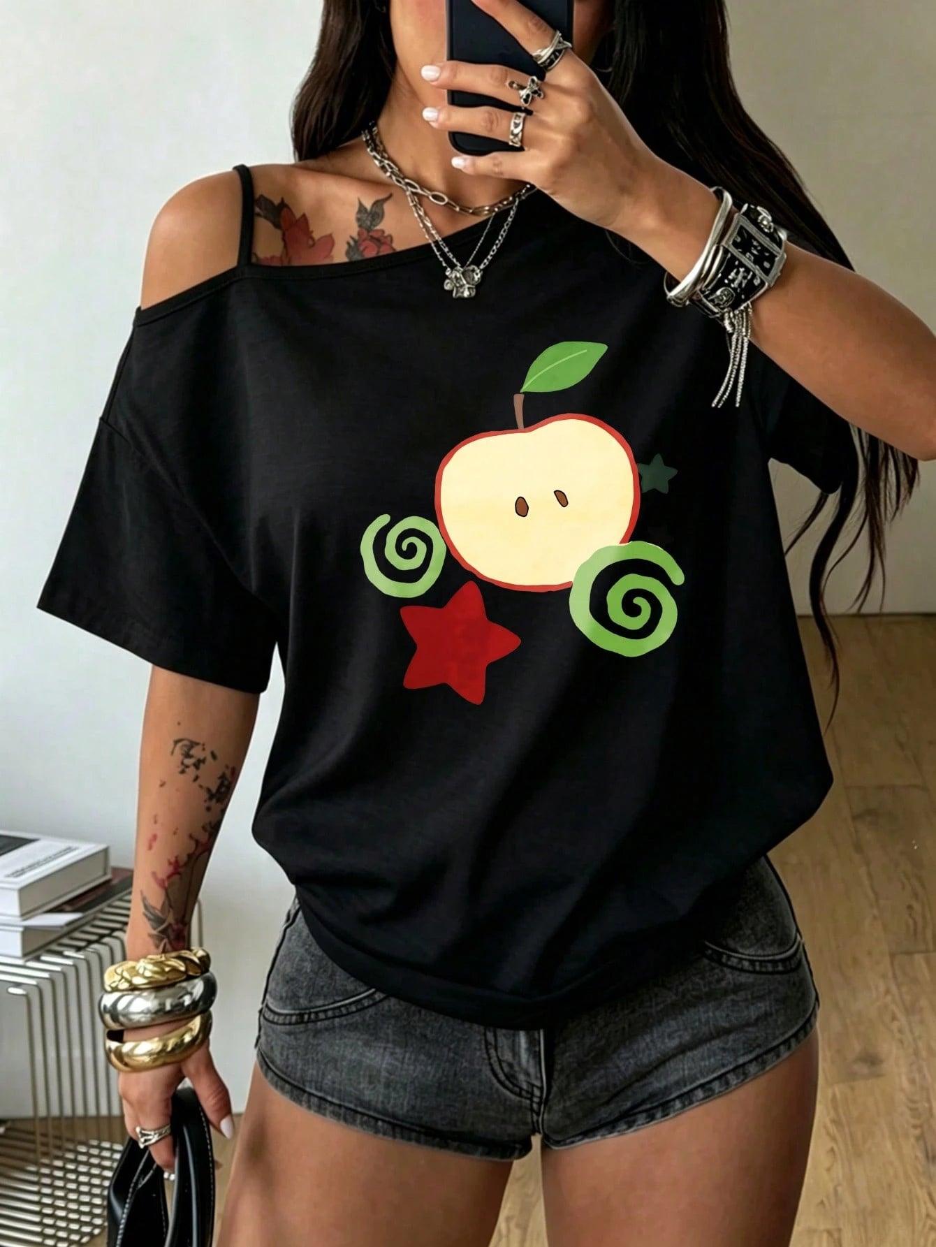 Plus Size Women's Plus Size T Shirts Single Shoulder Short Sleeve Off Shoulder Top Apple And Swirls Pattern Print Y2K Style Summer Outfits For Women