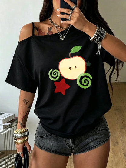 Plus Size Women's Plus Size T Shirts Single Shoulder Short Sleeve Off Shoulder Top Apple And Swirls Pattern Print Y2K Style Summer Outfits For Women