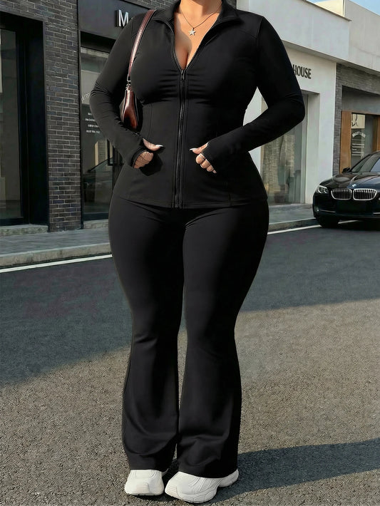 Plus Size Women's Solid Color Long Sleeve Top And Pants Slim Fit Sportswear Suit, Fitness Uniform Spring