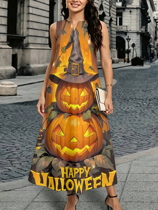 Plus Size Women Sleeveless Dress, Halloween Pumpkin Witch Hat Print, Autumn Festival Party Wear, Gift For Wife Girlfriend Mom