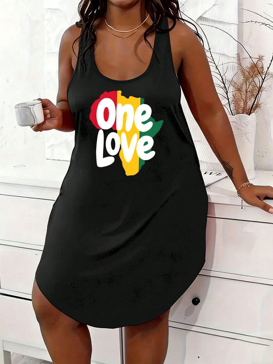 Plus Size Womens Elegant Casual Dress- ONE LOVE Graphic Print Fashion Sleeveless Crew Neck Dress- Perfect For Summer Vacation & Great Gift For Ladi