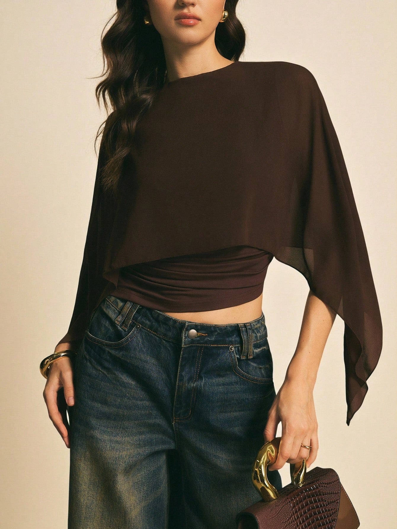 Poéselle Women's Brown Elegant Elegant Batwing Sleeve Top,Summer Dining,Shawl Collar Casual Top For New Year's,Daily Wear,Commuting Brunch