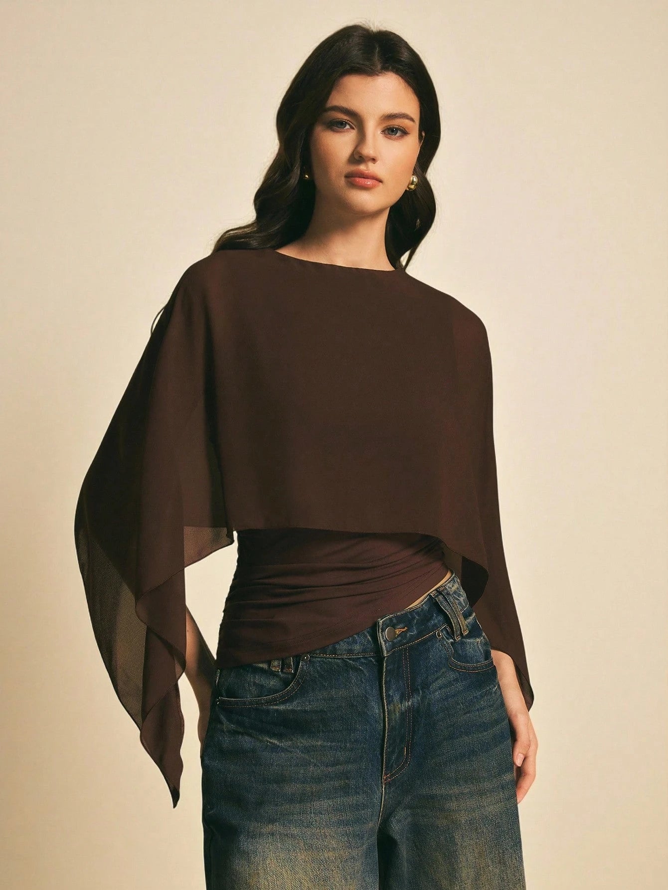 Poéselle Women's Brown Elegant Elegant Batwing Sleeve Top,Summer Dining,Shawl Collar Casual Top For New Year's,Daily Wear,Commuting Brunch