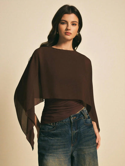 Poéselle Women's Brown Elegant Elegant Batwing Sleeve Top,Summer Dining,Shawl Collar Casual Top For New Year's,Daily Wear,Commuting Brunch