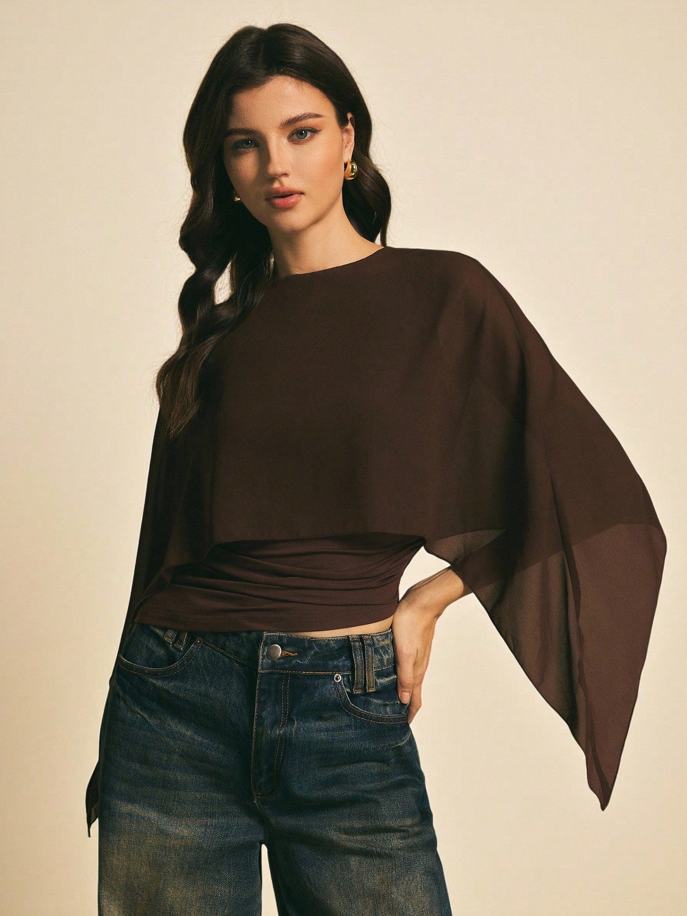 Poéselle Women's Brown Elegant Elegant Batwing Sleeve Top,Summer Dining,Shawl Collar Casual Top For New Year's,Daily Wear,Commuting Brunch