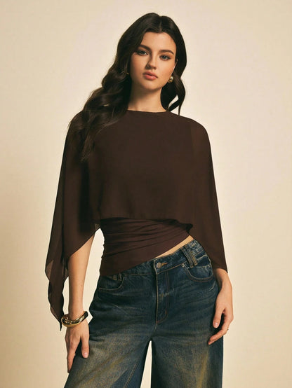 Poéselle Women's Brown Elegant Elegant Batwing Sleeve Top,Summer Dining,Shawl Collar Casual Top For New Year's,Daily Wear,Commuting Brunch