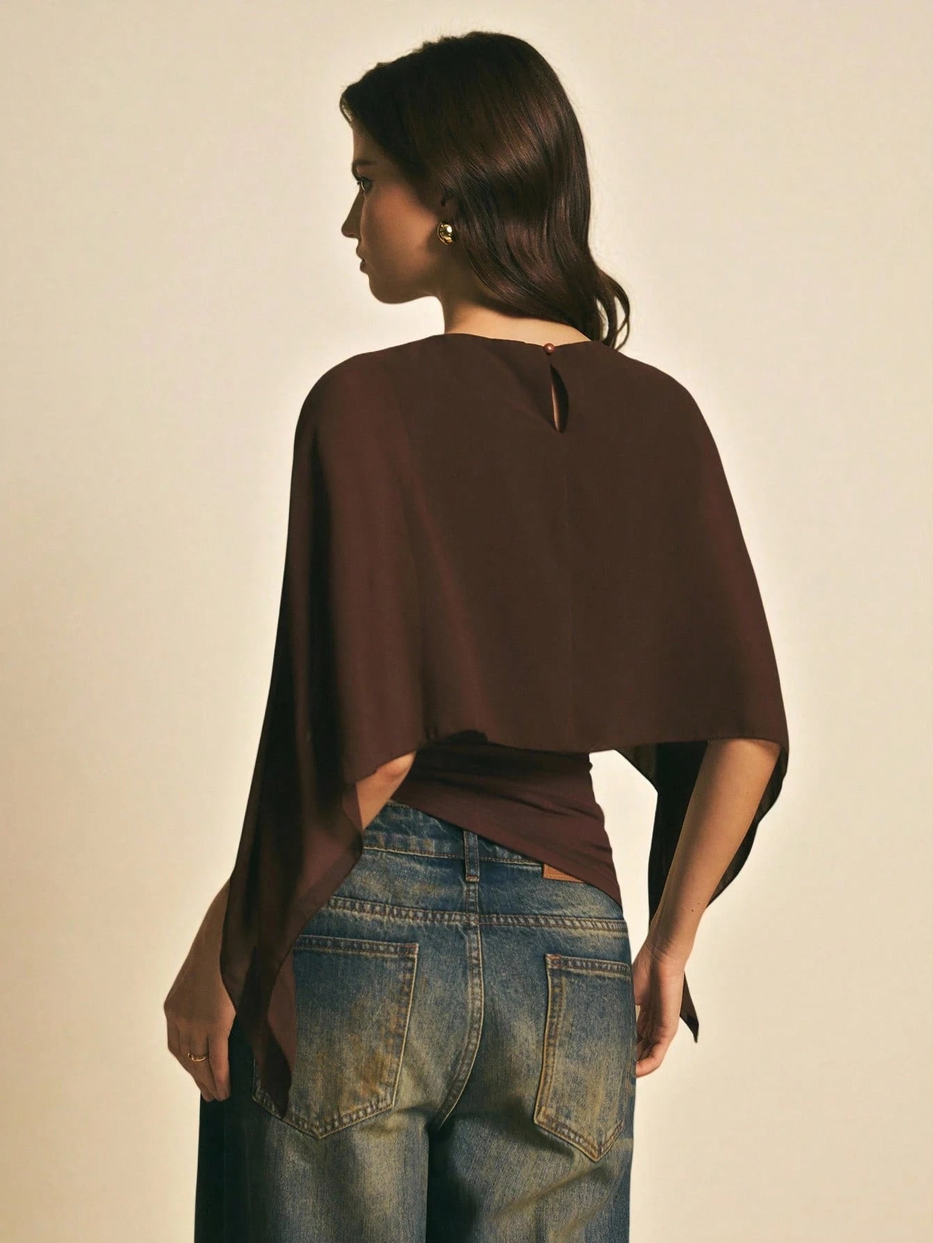 Poéselle Women's Brown Elegant Elegant Batwing Sleeve Top,Summer Dining,Shawl Collar Casual Top For New Year's,Daily Wear,Commuting Brunch