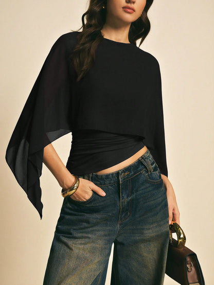 Poéselle Women's Brown Elegant Elegant Batwing Sleeve Top,Summer Dining,Shawl Collar Casual Top For New Year's,Daily Wear,Commuting Brunch