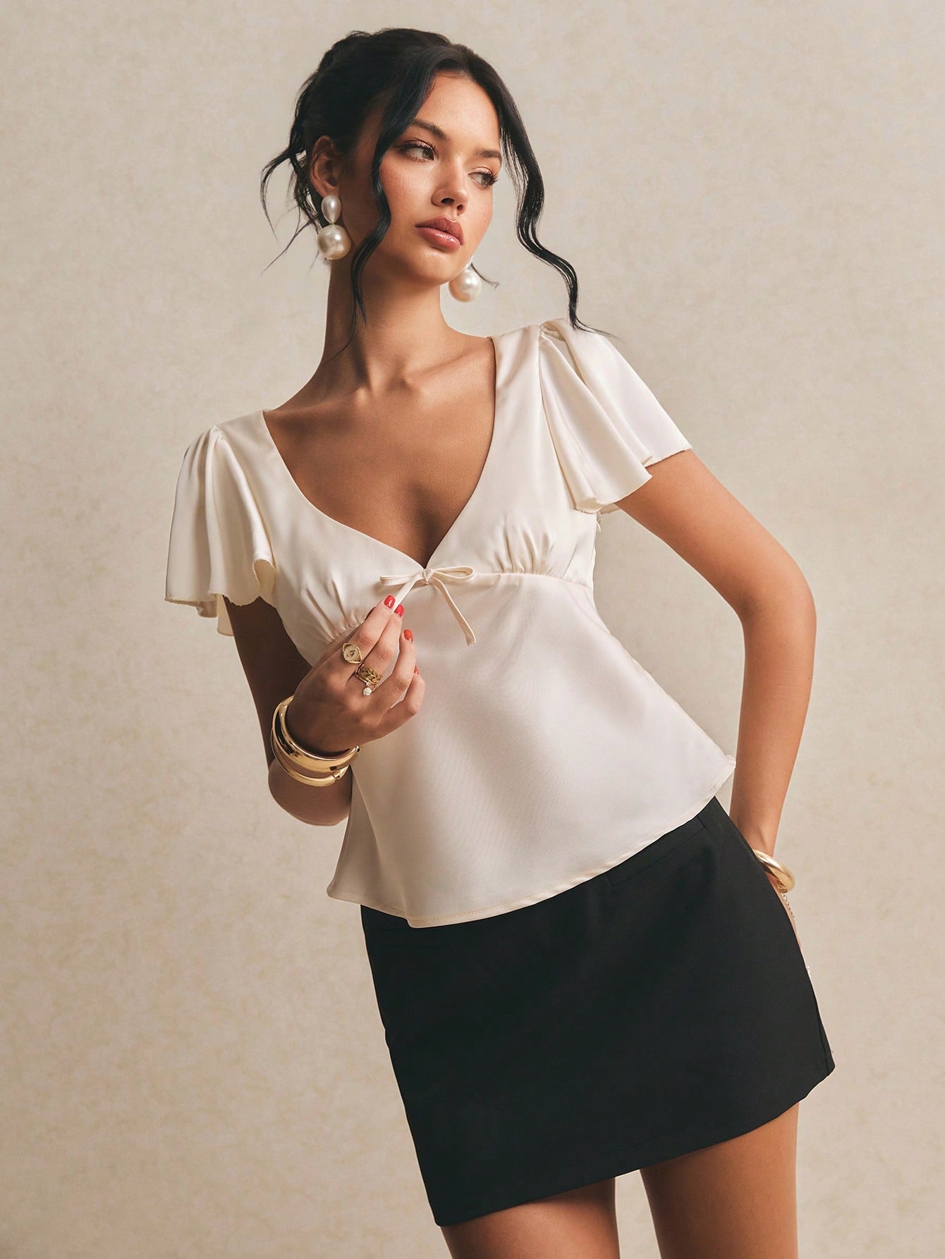 Poéselle Women's Cream White,Summer,Elegant,Tea Party V-Neck Flare Sleeve Ruffle Bow Decor Summer Blouse, Top,Casual Vacation Work Fashion Blouses