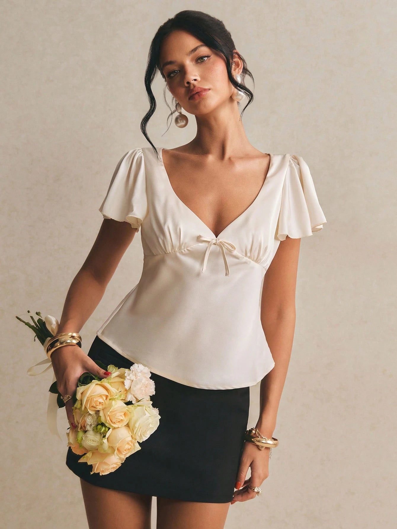 Poéselle Women's Cream White,Summer,Elegant,Tea Party V-Neck Flare Sleeve Ruffle Bow Decor Summer Blouse, Top,Casual Vacation Work Fashion Blouses