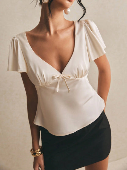 Poéselle Women's Cream White,Summer,Elegant,Tea Party V-Neck Flare Sleeve Ruffle Bow Decor Summer Blouse, Top,Casual Vacation Work Fashion Blouses